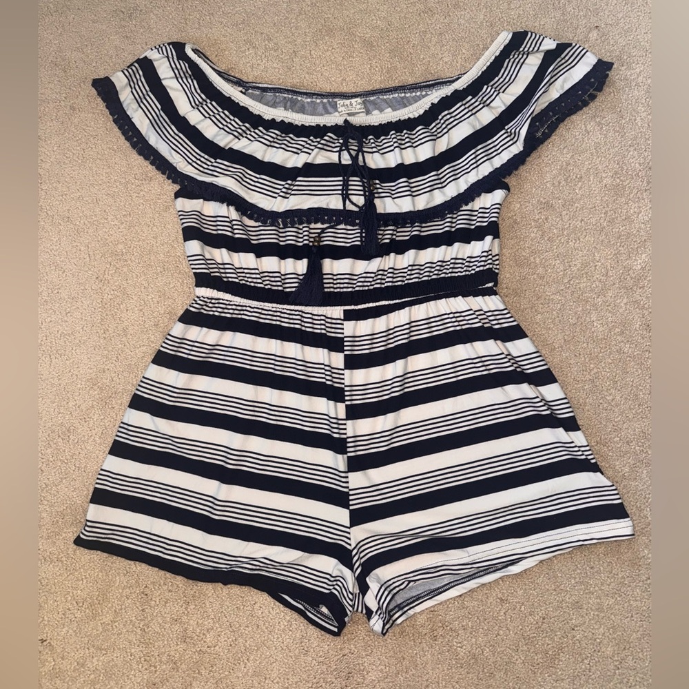 Jolie & Joy Striped Off the Shoulder Romper
